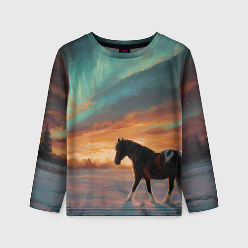 Детский лонгслив Лошадь на фоне северного сиянми / 3D-принт – фото 1