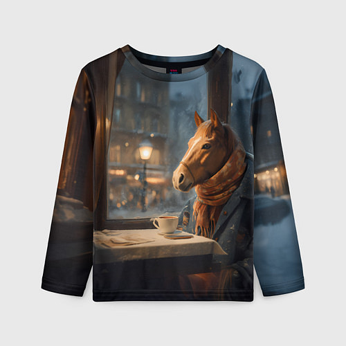 Детский лонгслив Лошадь в кафе ищет новогоднее настроение / 3D-принт – фото 1
