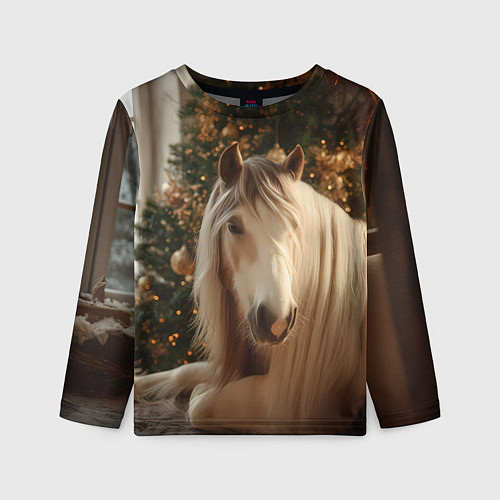 Детский лонгслив Белая лошадка лежит у новогодней елки / 3D-принт – фото 1