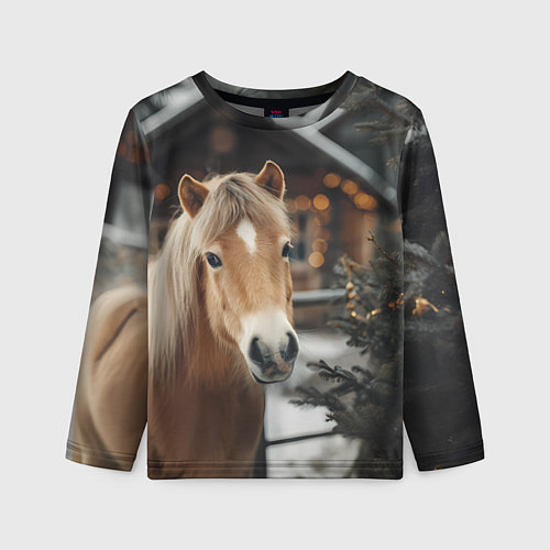 Детский лонгслив Лошадь у новогодней елки / 3D-принт – фото 1