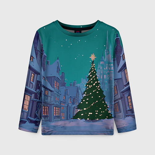 Детский лонгслив Зеленая новогодняя елка во вдоре / 3D-принт – фото 1