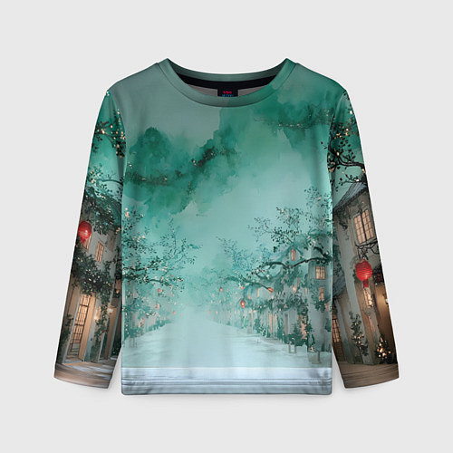 Детский лонгслив Новогодняя туманная улица / 3D-принт – фото 1