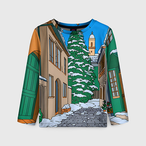 Детский лонгслив Новогодняя мультяшная улица / 3D-принт – фото 1