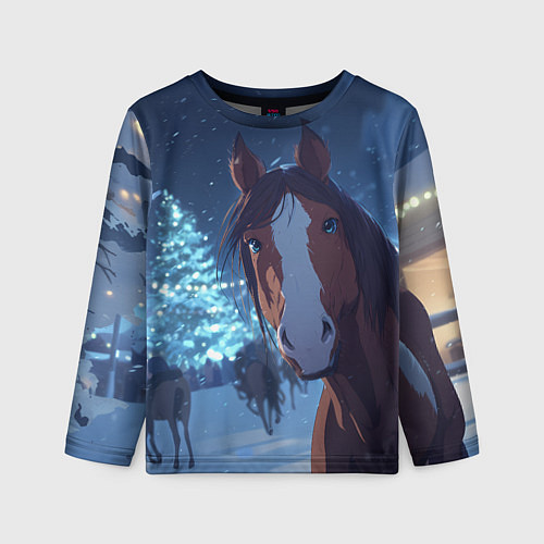 Детский лонгслив Лошадь на фоне новогодней елки / 3D-принт – фото 1