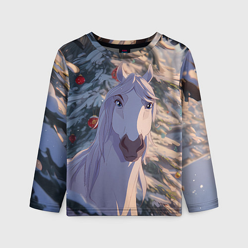 Детский лонгслив Белая лошадь на фоне елки / 3D-принт – фото 1