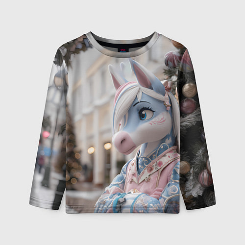 Детский лонгслив Новогодняя лошадка у елки / 3D-принт – фото 1