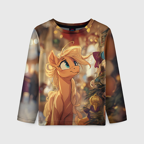 Детский лонгслив Милая лошадка любуется елкой / 3D-принт – фото 1