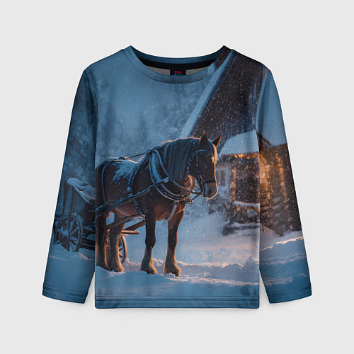 Детский лонгслив Лошадь у избы / 3D-принт – фото 1