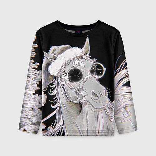 Детский лонгслив Новогодняя лошадь в круглых очках / 3D-принт – фото 1