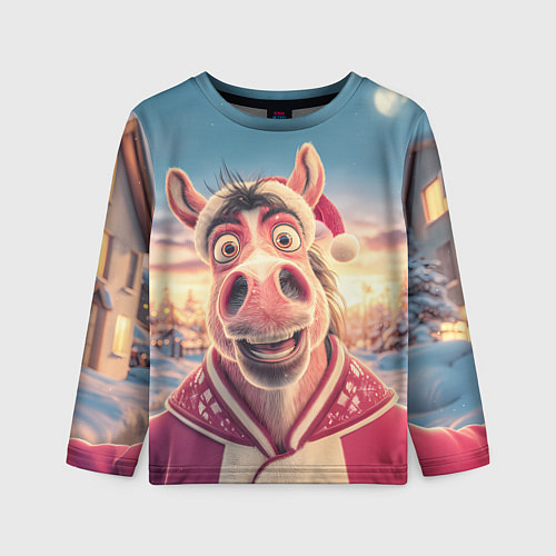 Детский лонгслив Счастливая новогодняя лошадь / 3D-принт – фото 1