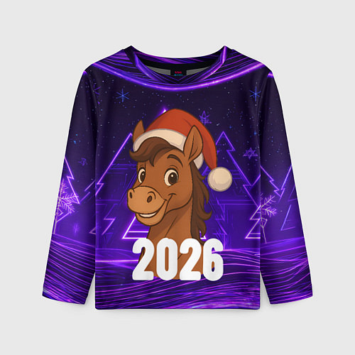 Детский лонгслив 2026 новогодняя лошадка на фоне фиолетовых елок / 3D-принт – фото 1