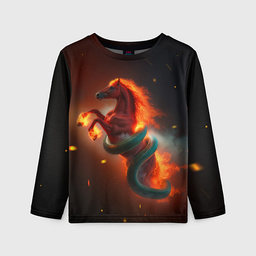 Детский лонгслив Смена зелёной змеи на красную огненную лошадь / 3D-принт – фото 1