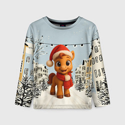 Лонгслив детский Милая новогодняя лошадка с шарфом, цвет: 3D-принт