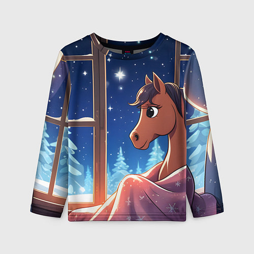 Детский лонгслив Лошадка зимней звездной ночью / 3D-принт – фото 1