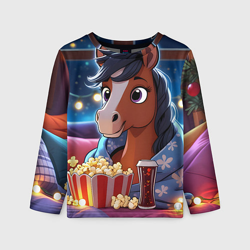 Детский лонгслив Новогодняя лошадка с попкорном / 3D-принт – фото 1