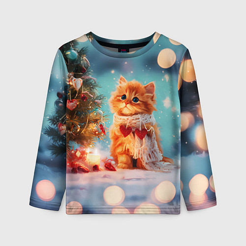 Детский лонгслив Рыжий маленький новогодний котенок / 3D-принт – фото 1