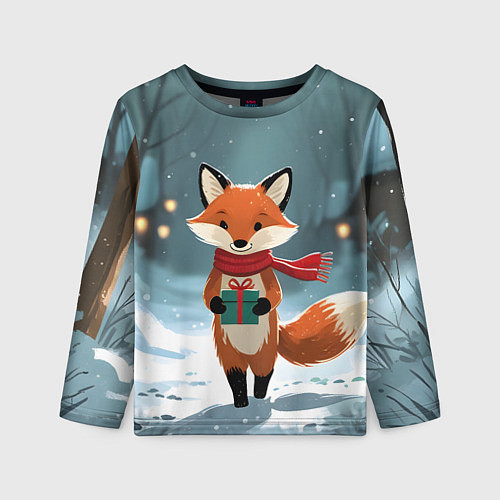 Детский лонгслив Лисичка с подарком зимой / 3D-принт – фото 1