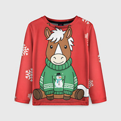 Детский лонгслив Новогодняя лошадка в зеленом свитере