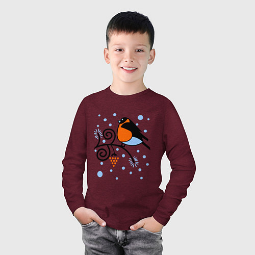 Детский лонгслив Снегирь на ветке рябины / Меланж-бордовый – фото 3