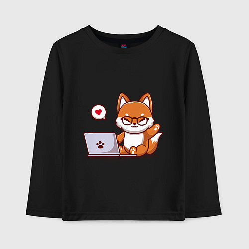 Детский лонгслив Cute fox and laptop / Черный – фото 1