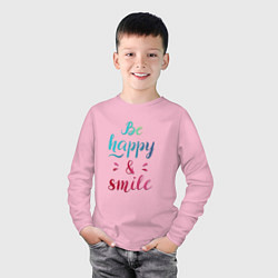 Лонгслив хлопковый детский Be happy and smile, цвет: светло-розовый — фото 2