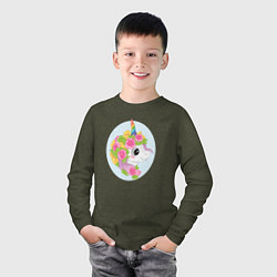 Лонгслив хлопковый детский Единорог в цветах, цвет: меланж-хаки — фото 2