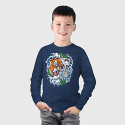 Лонгслив хлопковый детский Тигр в цветах, цвет: тёмно-синий — фото 2