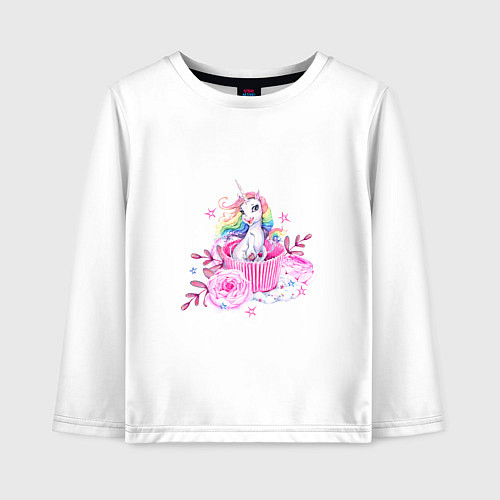 Детский лонгслив Милый единорог среди пионов / Белый – фото 1