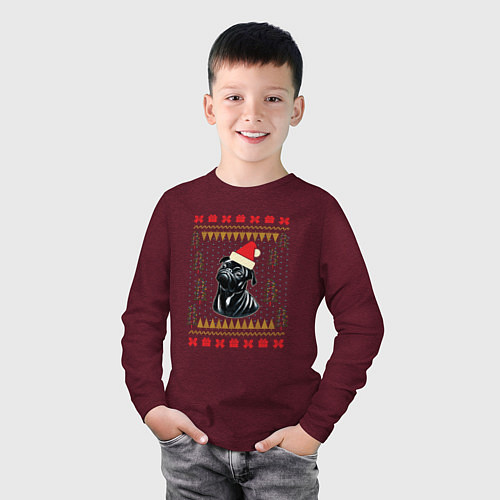 Детский лонгслив Рождественский свитер Черный мопс / Меланж-бордовый – фото 3