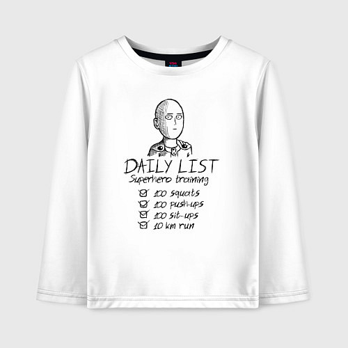 Детский лонгслив Лист супергеройских тренировок Сайтамы / Белый – фото 1