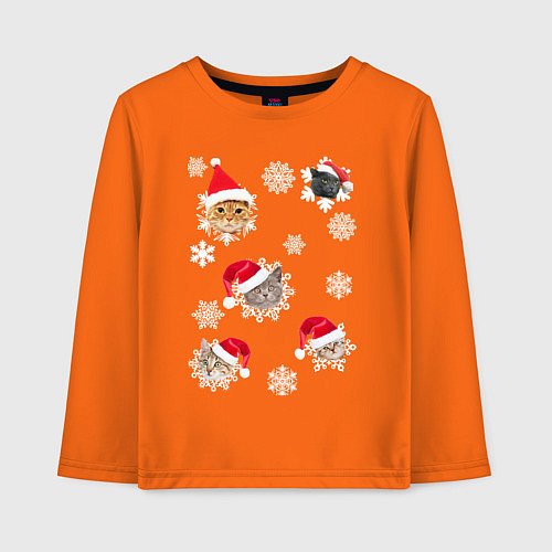 Детский лонгслив Новогодние Коты в Шапках / Оранжевый – фото 1