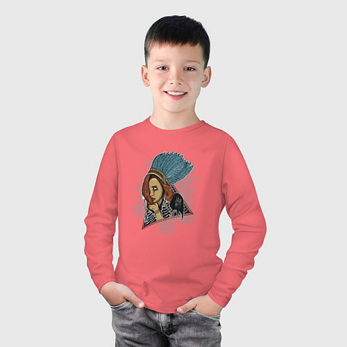 Детский лонгслив Индейская девушка с перьями / Коралловый – фото 3