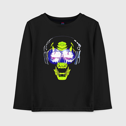 Детский лонгслив Neon skull - music lover / Черный – фото 1