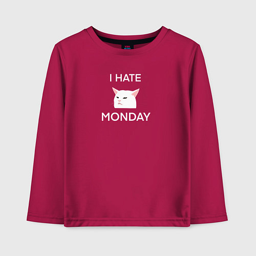 Детский лонгслив I hate monday текст с котом / Маджента – фото 1