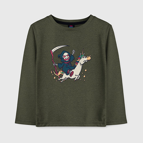 Детский лонгслив Смерть на единороге Death on unicorn / Меланж-хаки – фото 1