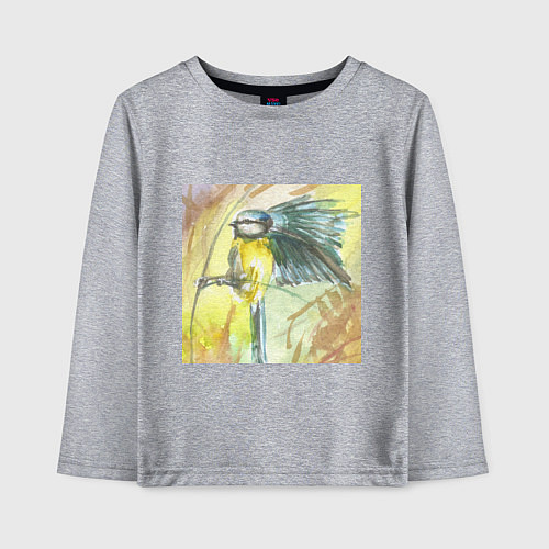 Детский лонгслив Синица-лазоревка в стиле акварель / Меланж – фото 1