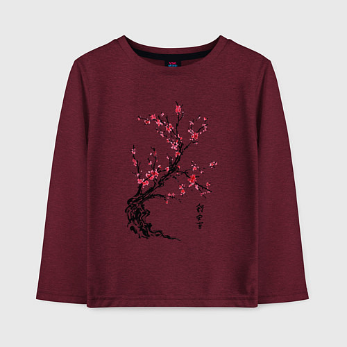 Детский лонгслив Сакура с иероглифами / Меланж-бордовый – фото 1