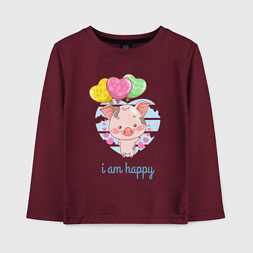 Детский лонгслив Iam happy поросенок / Меланж-бордовый – фото 1