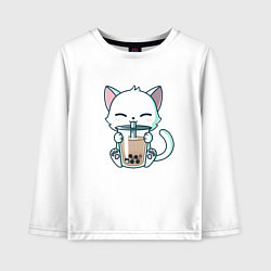 Лонгслив хлопковый детский Котик с бабл ти, цвет: белый