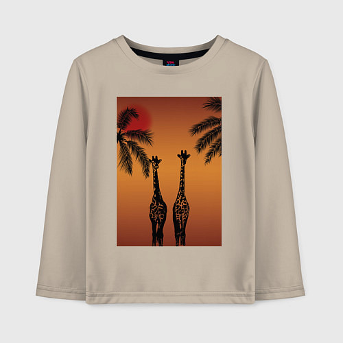 Детский лонгслив Жирафы и пальмы на закате / Миндальный – фото 1