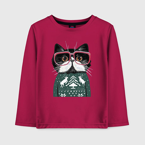 Детский лонгслив Умный кот в очках в новогоднем свитере / Маджента – фото 1