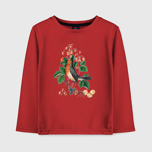 Детский лонгслив European Robin and Wild Strawberry Дрозд и клубник / Красный – фото 1