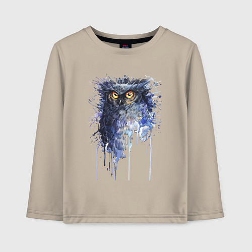 Детский лонгслив Прикольная сова в акварельном рисунке / Миндальный – фото 1