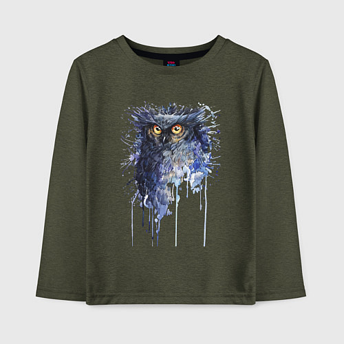 Детский лонгслив Прикольная сова в акварельном рисунке / Меланж-хаки – фото 1