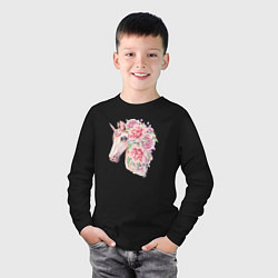 Лонгслив хлопковый детский Белый единорог в цветах, цвет: черный — фото 2