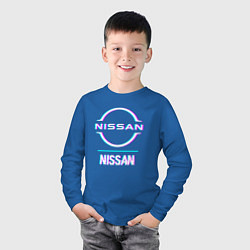 Лонгслив хлопковый детский Значок Nissan в стиле glitch, цвет: синий — фото 2