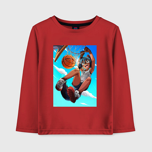 Детский лонгслив Девочка-енот сделала слэм данк / Красный – фото 1