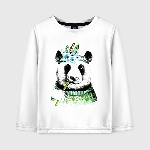 Детский лонгслив Прикольный панда жующий стебель бамбука / Белый – фото 1