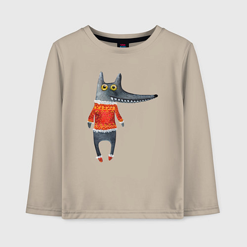 Детский лонгслив Серый волк в оранжевом свитере / Миндальный – фото 1