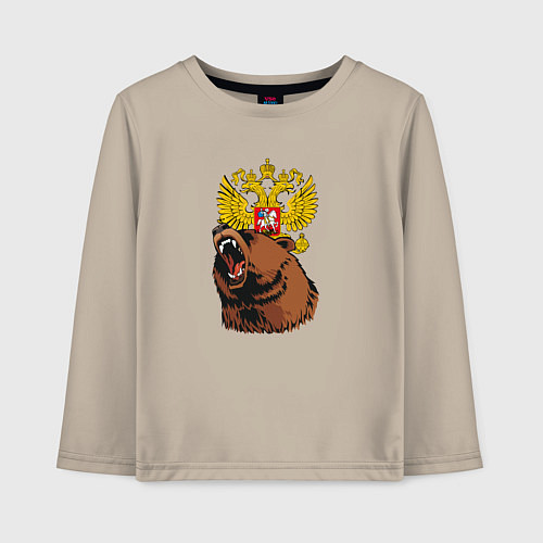 Детский лонгслив Патриотичный медведь на фоне герба / Миндальный – фото 1